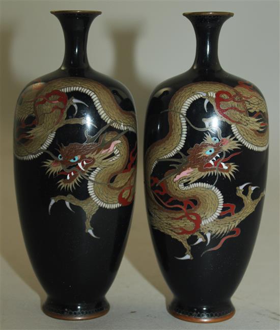 A pair of Japanese silver wire cloisonne enamel dragon vases, Meiji period, 15.5cm